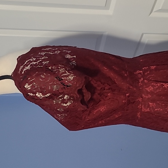 Burgundy Red Lace Overlay with Button Accents Midi Kneelength Dress - Picture 3 of 4